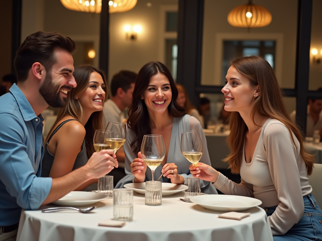 Two men and two women enjoying wine and conversation at a restaurant.