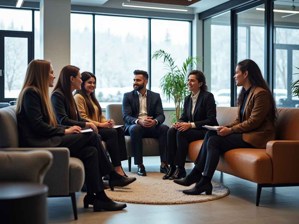 Group of six professionals in a relaxed meeting in a modern office lounge.