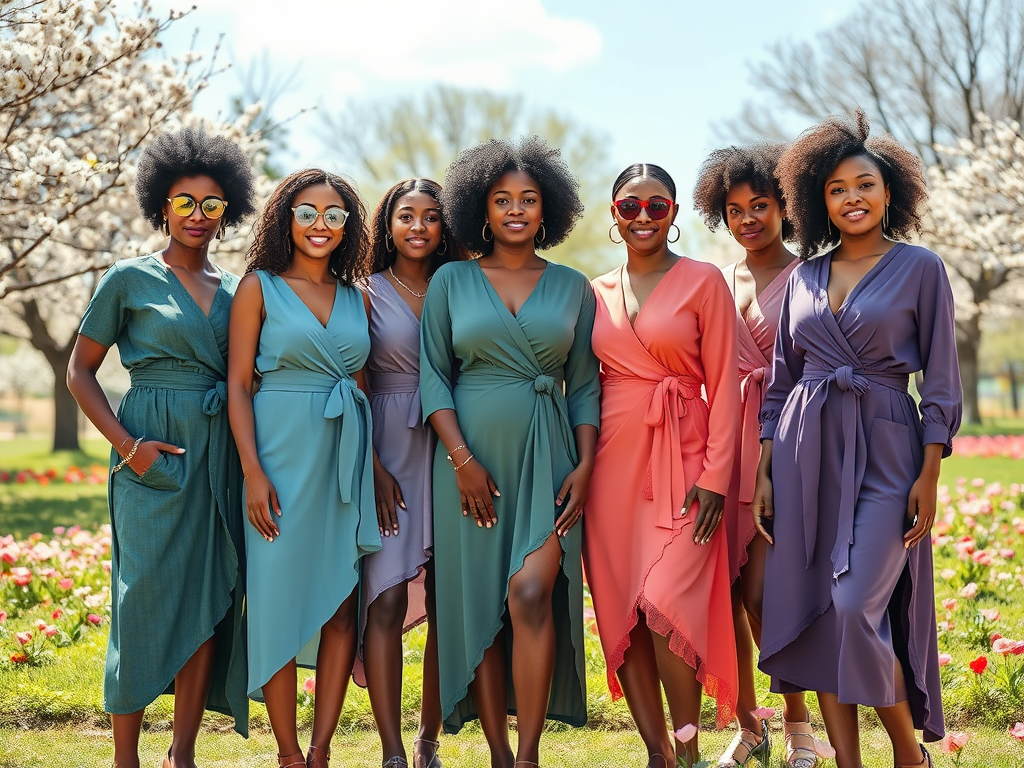 A diverse group of seven women in colorful dresses poses together in a blooming park, with flowers and trees around.