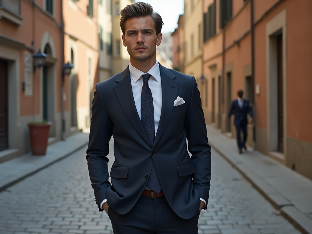 Stylish young man in a suit and tie standing on a cobblestone street, with another man walking in the background.