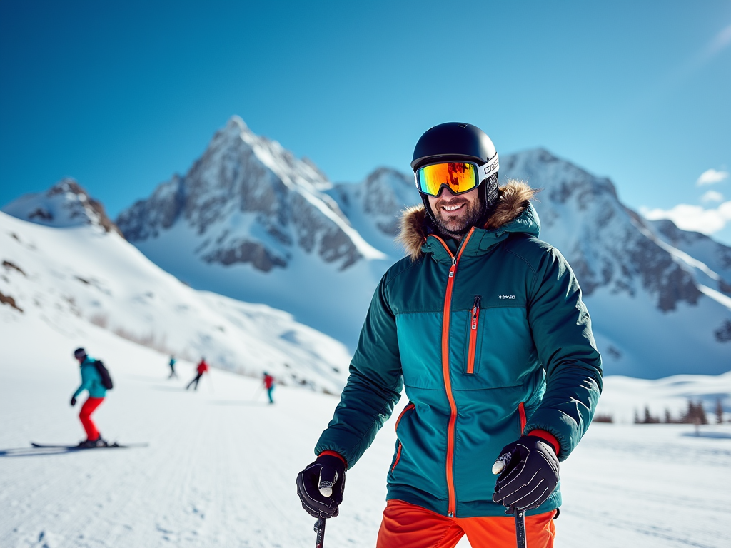 Man in colorful ski attire smiling on snowy mountain slope, skiers in background.