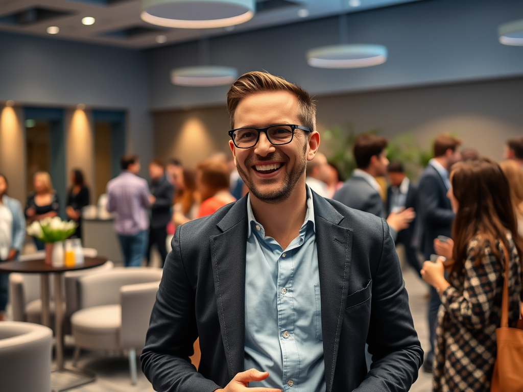 A smiling man in a suit stands in a lively networking event filled with people chatting in a modern space.