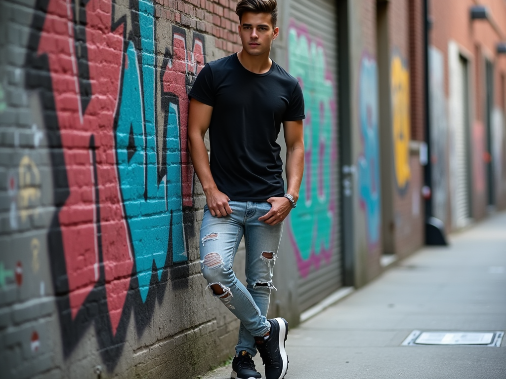 Young man in black t-shirt and ripped jeans poses by graffiti wall in urban alley.