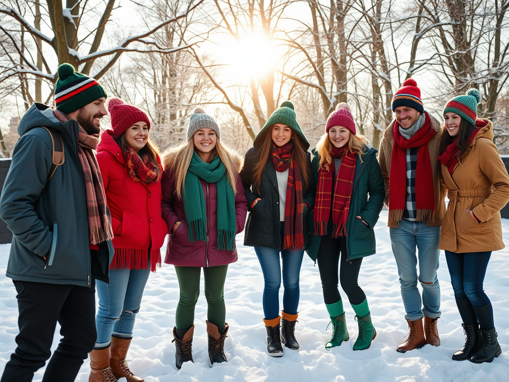 A group of seven friends in winter attire smiles together in a snowy park, with the sun shining through the trees.