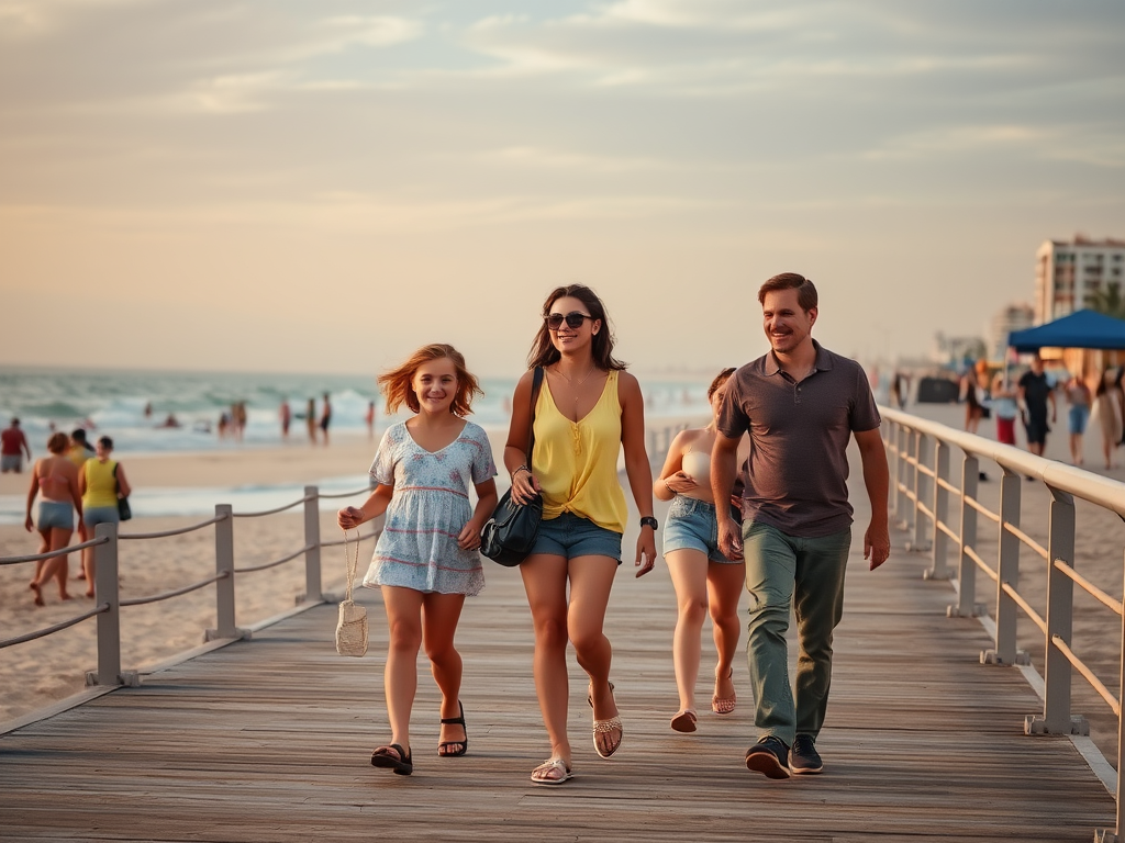 A group of four people walks together on a beach boardwalk during sunset, enjoying their time by the ocean.