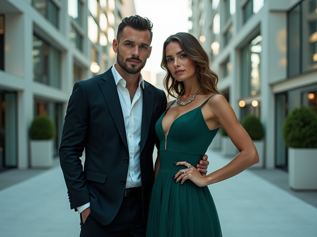 Elegant man and woman posing in formal wear in a modern city alley.