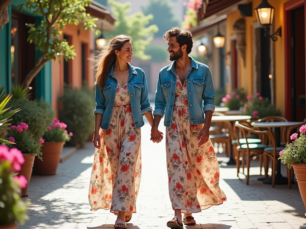 A couple in matching denim jackets and floral dresses walking hand in hand down a sunny, flower-lined street.