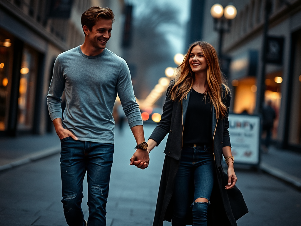 A smiling couple walks hand in hand along a city street, surrounded by shops and lampposts.