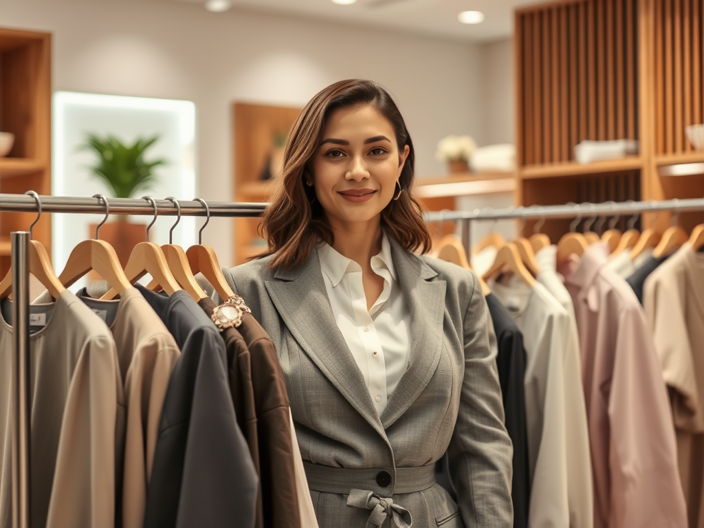 A confident woman in a stylish grey suit stands in a clothing store, smiling amid hanging garments.
