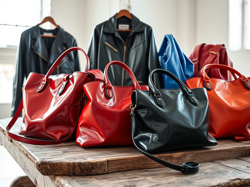 A variety of stylish handbags in red, black, blue, and orange displayed on a wooden table with jackets in the background.