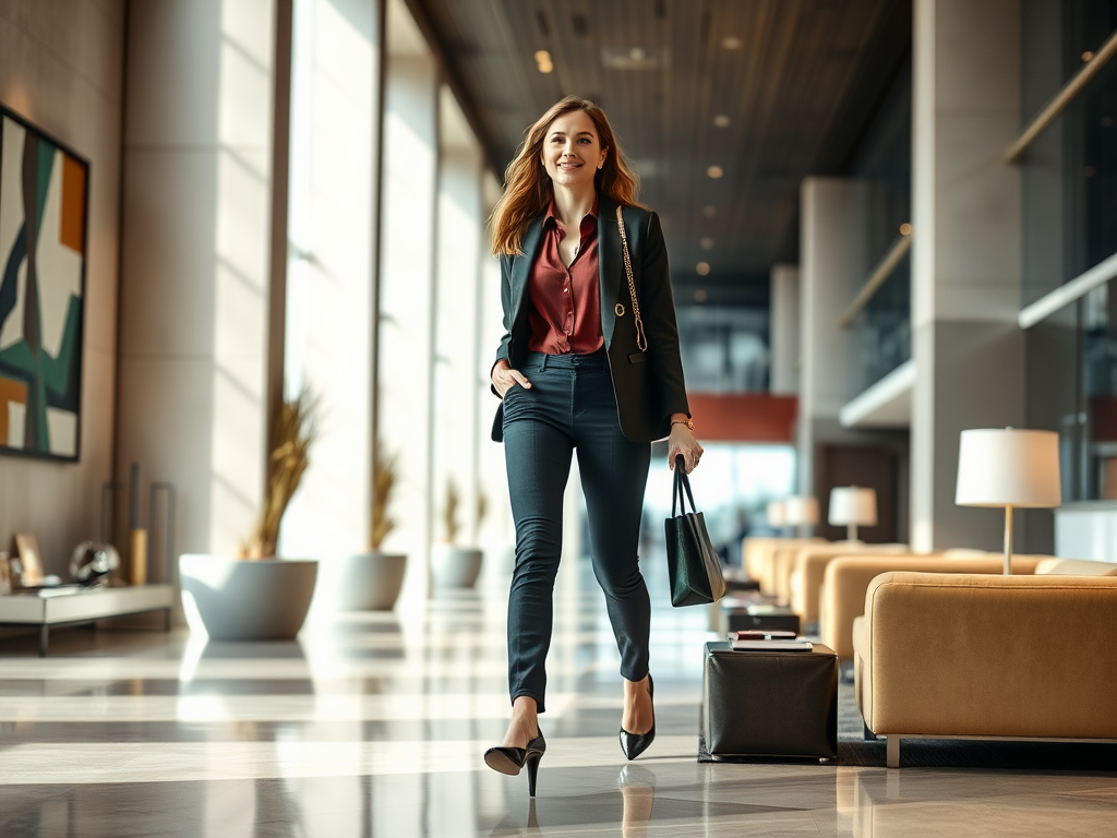 A confident woman in a blazer walks through a modern lobby, carrying a bag and smiling.