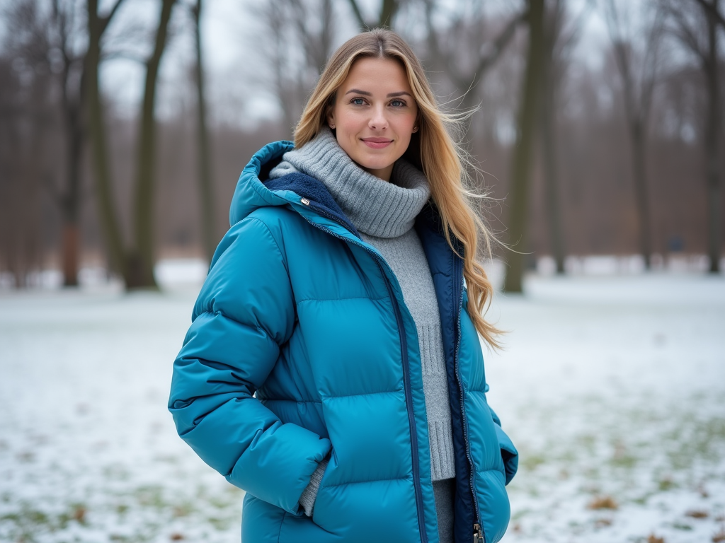 Woman in a blue winter jacket smiling in a snowy park.