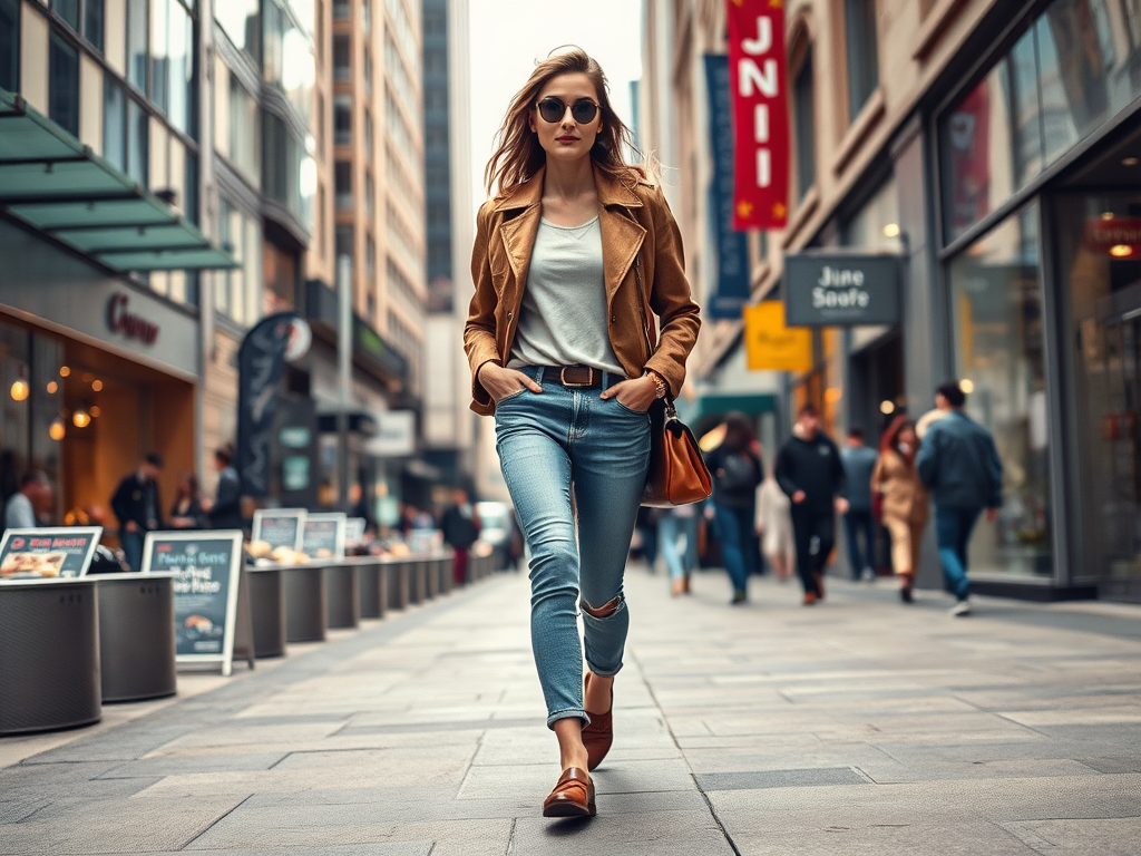 A woman in sunglasses walks confidently down a busy city street, wearing a brown jacket and jeans.