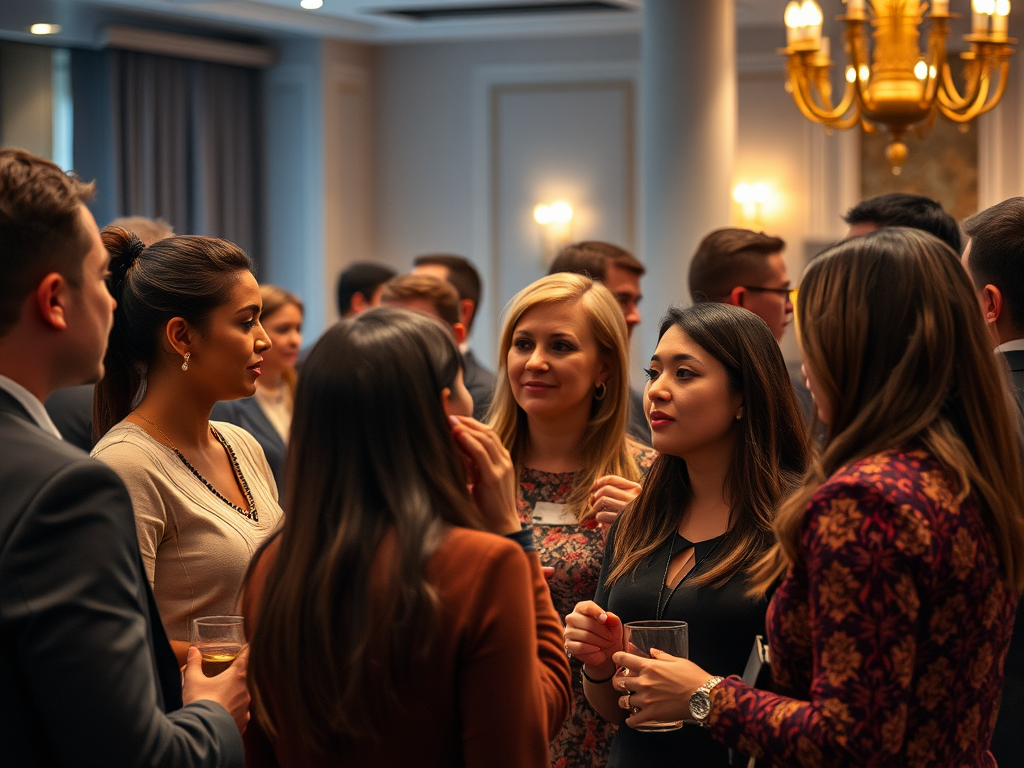 A group of people chatting at a social event, with drinks in hand, in a warmly lit indoor setting.