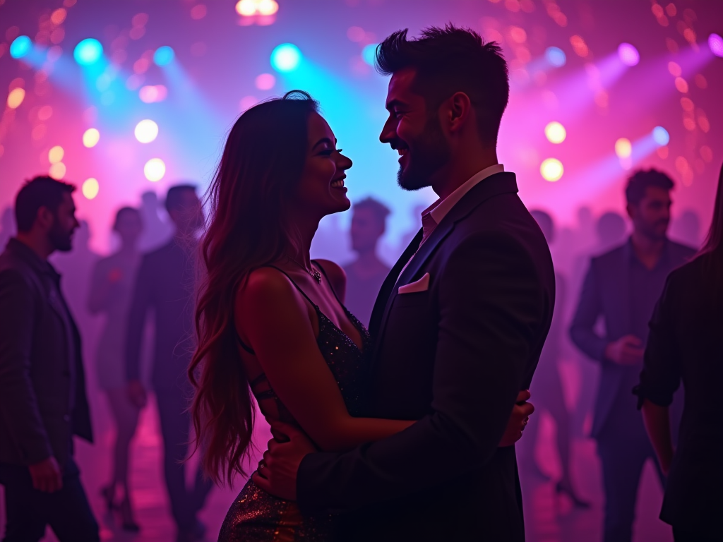 Couple dancing at a party with colorful lights in the background.