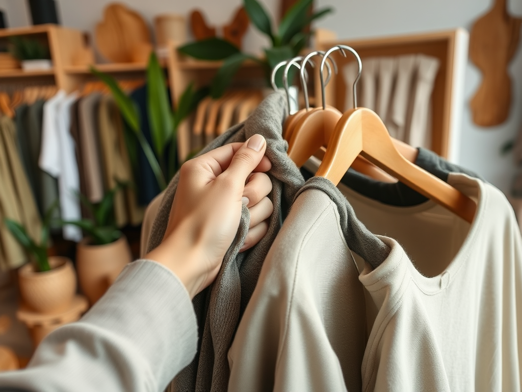 A hand holds several clothing items on hangers in a stylish boutique surrounded by greenery.