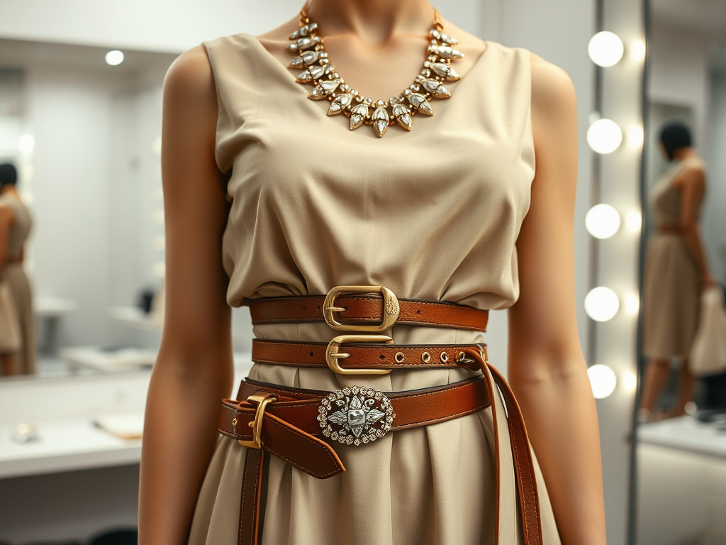 A close-up of a mannequin wearing a beige dress adorned with a statement necklace and stylish belts.