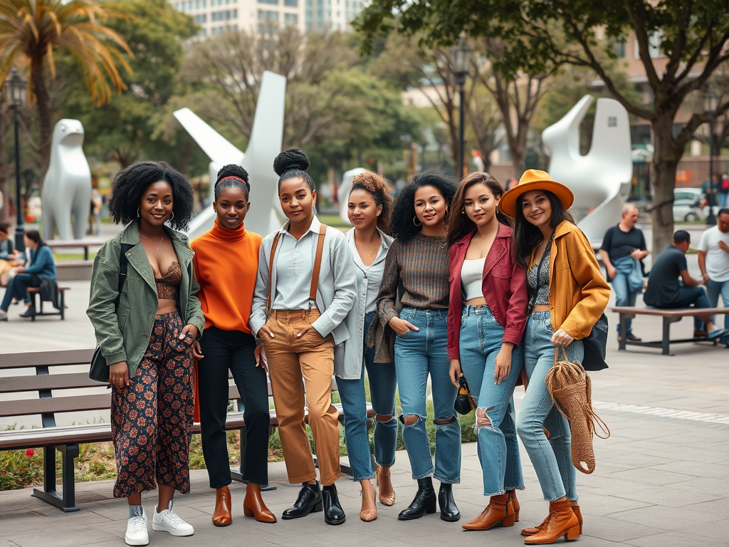 A group of eight women poses stylishly together in a park, with various modern sculptures in the background.