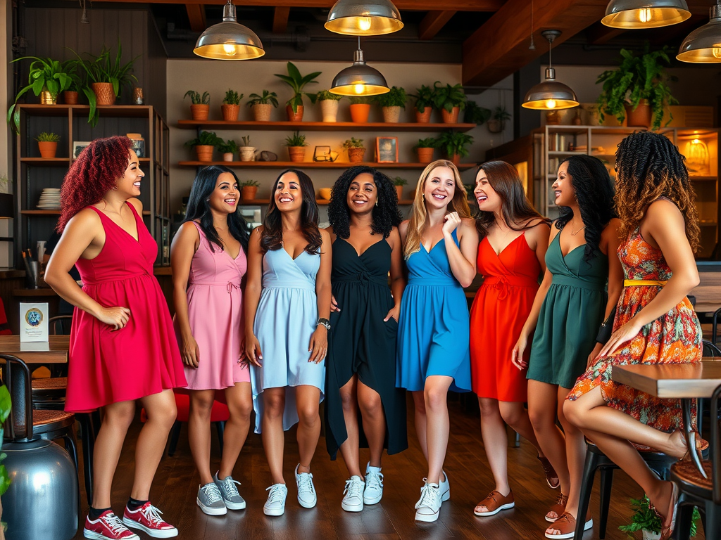 Eight women in colorful dresses stand together in a stylish café, smiling and enjoying each other's company.