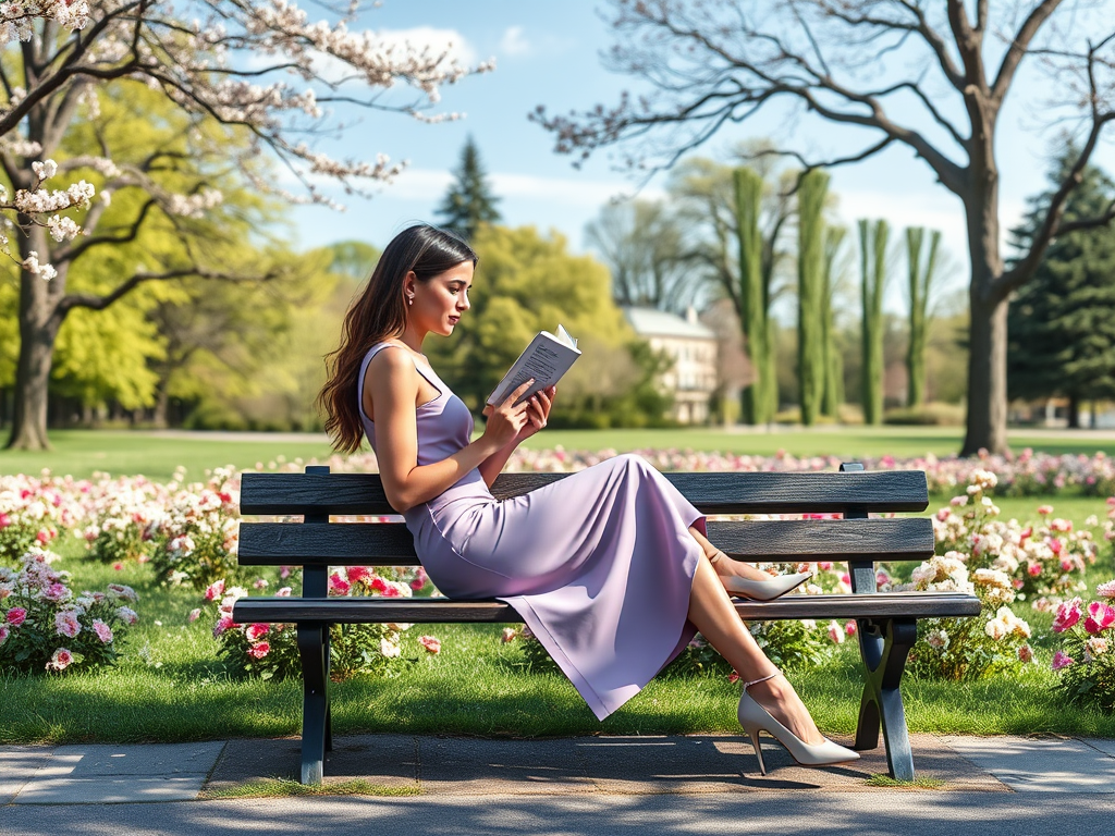 A woman in a lavender dress sits on a bench, reading a book in a blooming park filled with flowers.