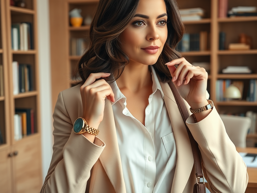 A thoughtful woman in a beige blazer and white shirt, standing in an office with bookshelves behind her.