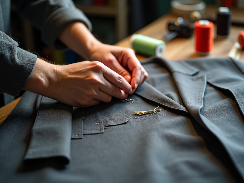 Hands sewing a button on a grey suit jacket, with thread and needles nearby on a wooden table.