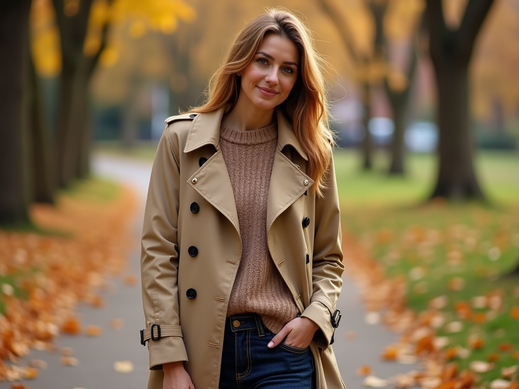 Woman in trench coat smiling in a park with autumn leaves.