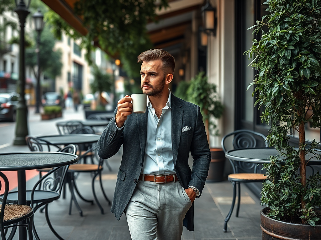 A stylish man holding a coffee cup walks down a café terrace with lush greenery and empty tables.