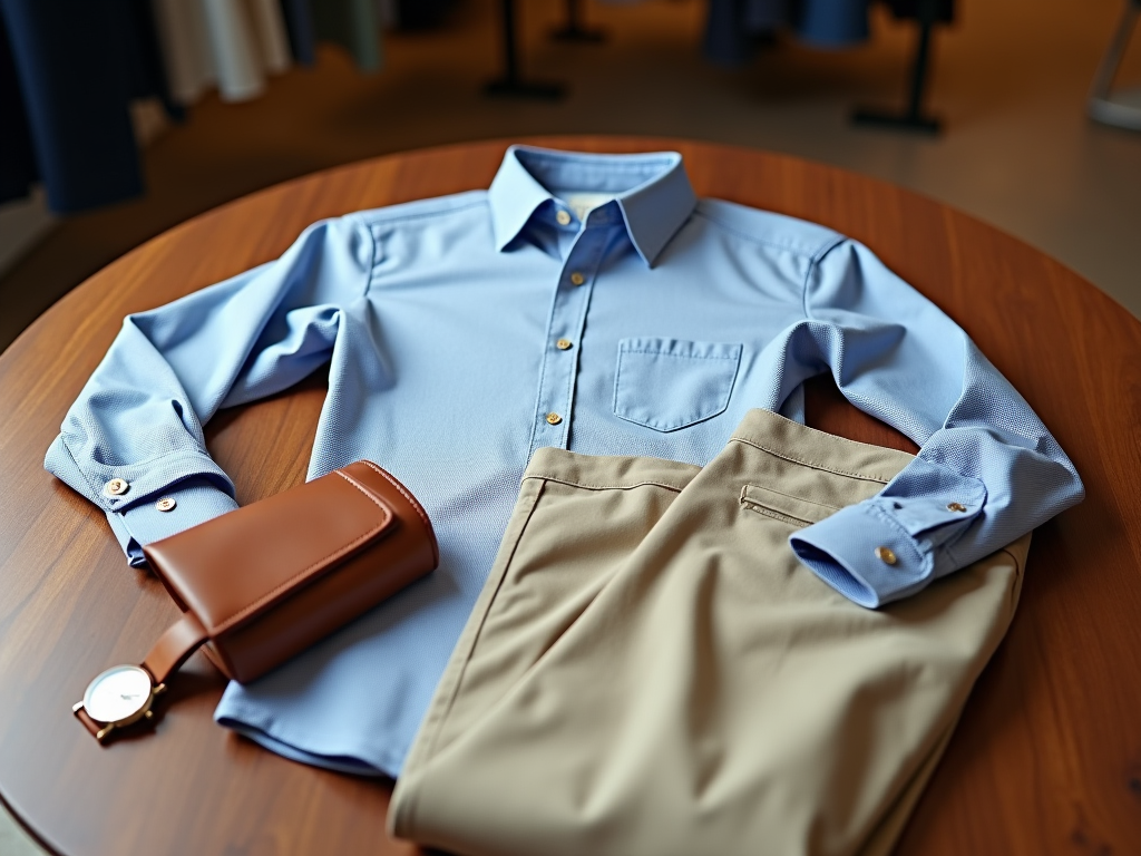 Blue shirt, khaki pants, leather wallet, and a watch on a wooden table.