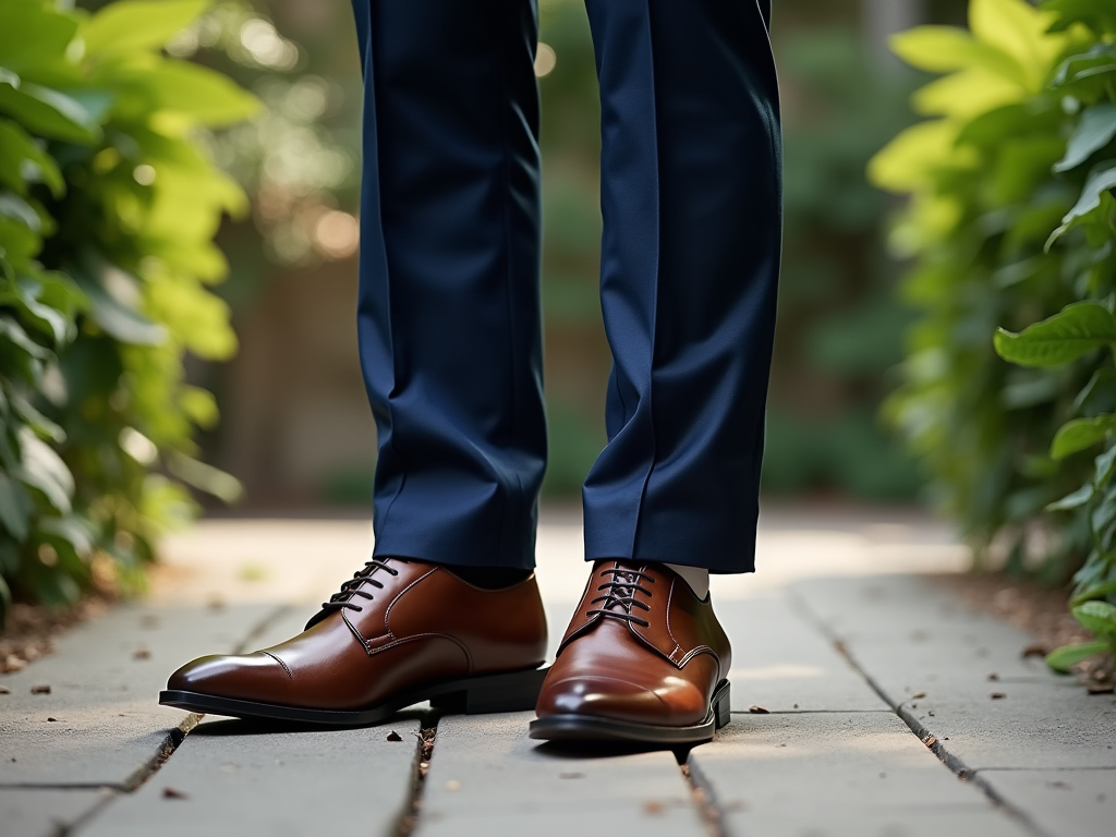 Man in navy trousers and polished brown leather shoes standing on a paved path.