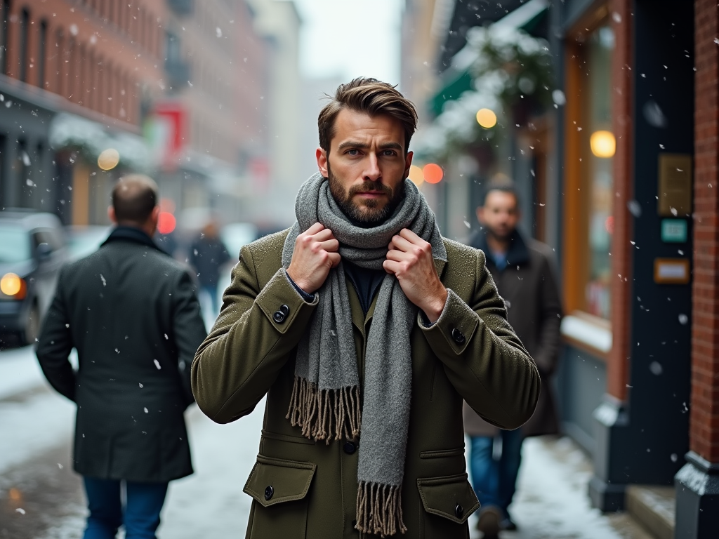 Man in a winter coat fixing his scarf, walking in a snowy city street.