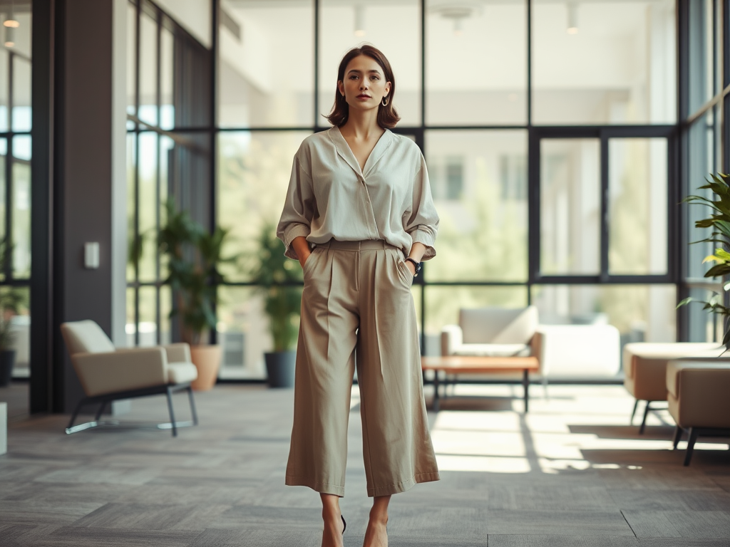 A woman in a stylish outfit stands confidently in a modern, bright office space with large windows.