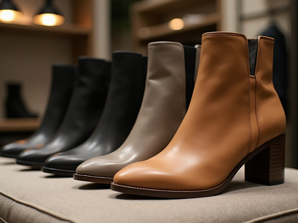 A row of elegant leather ankle boots in black, gray, and brown on display in a boutique.