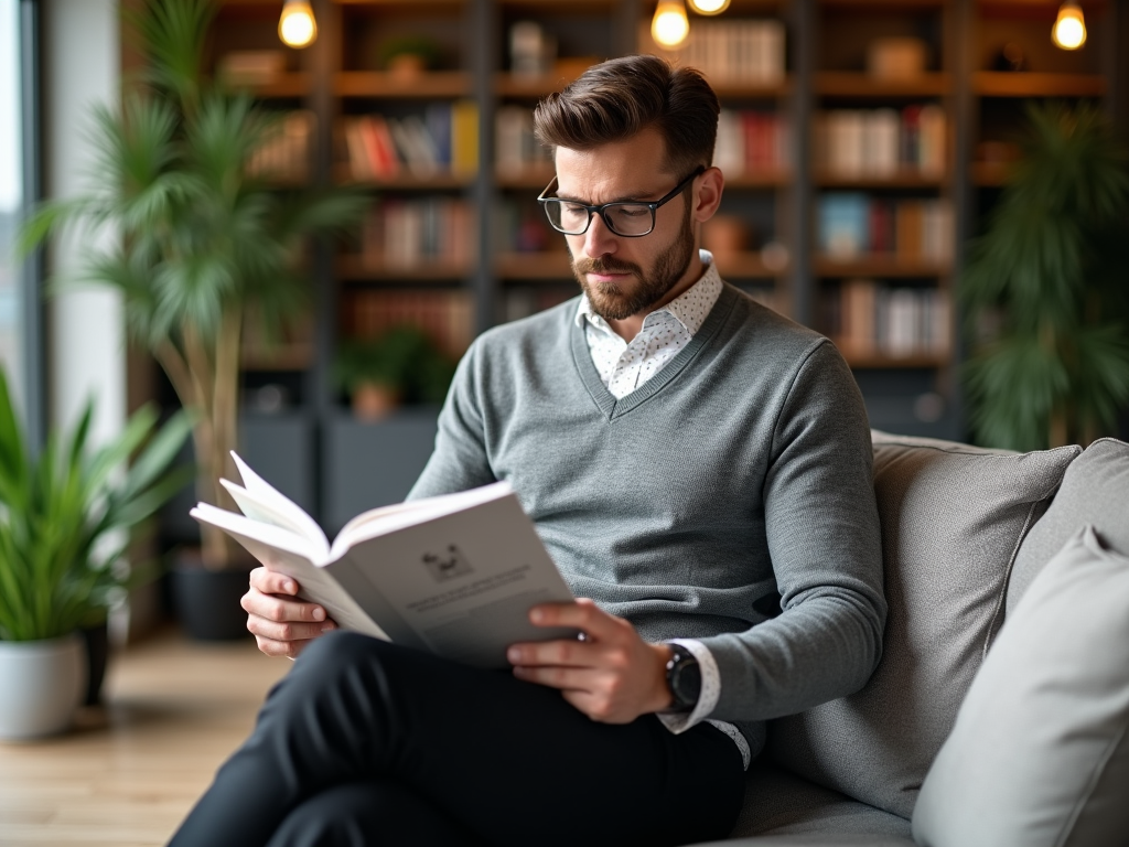 Man reading a book on couch in a cozy library room with bookshelves and plants.