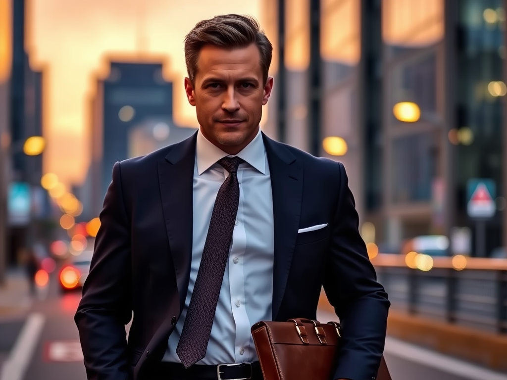 A businessman in a suit stands confidently on a city street at sunset, holding a leather briefcase.