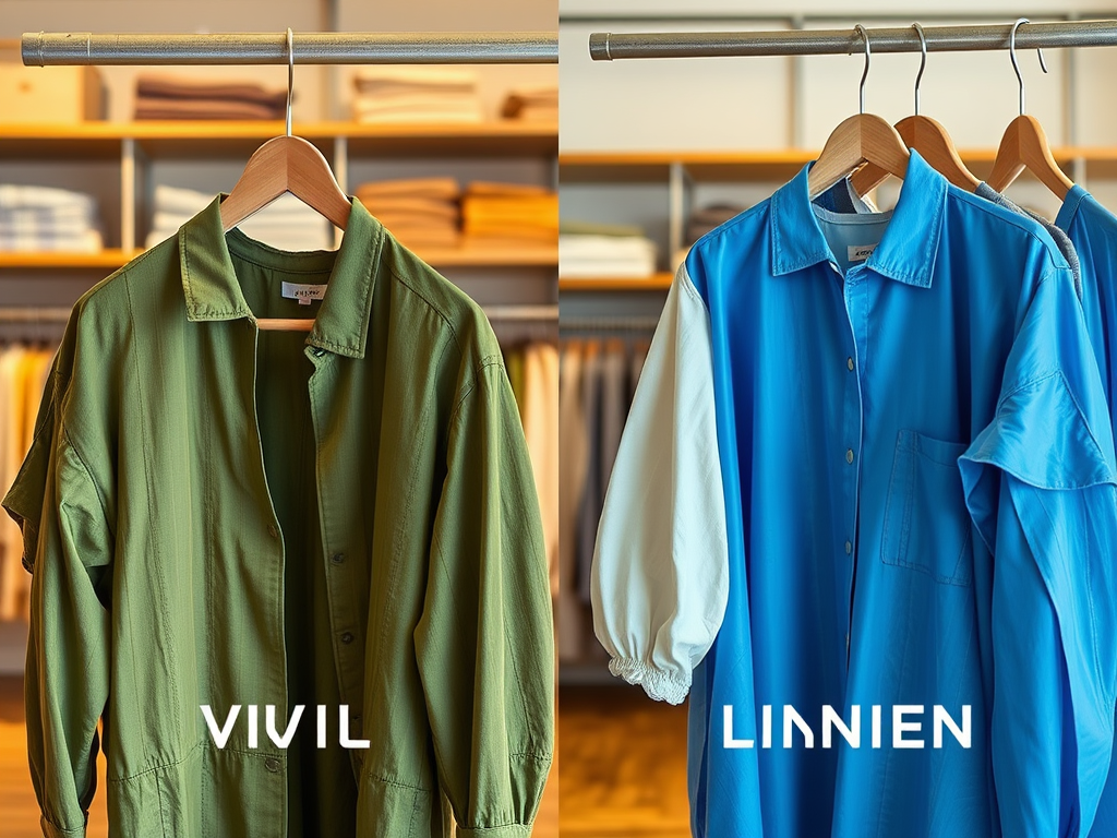 Two shirts hanging on a rack: one green with a relaxed fit and one blue with a white puffed sleeve.