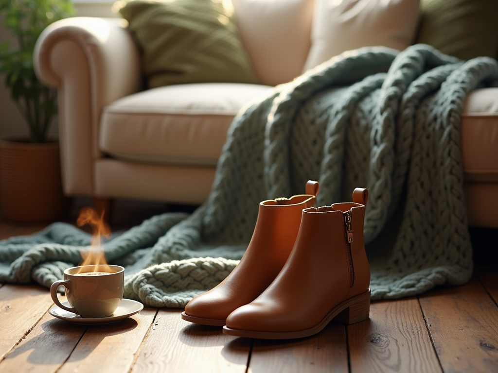 Cozy home scene with brown boots, steaming coffee cup, and knitted throw by a sofa.