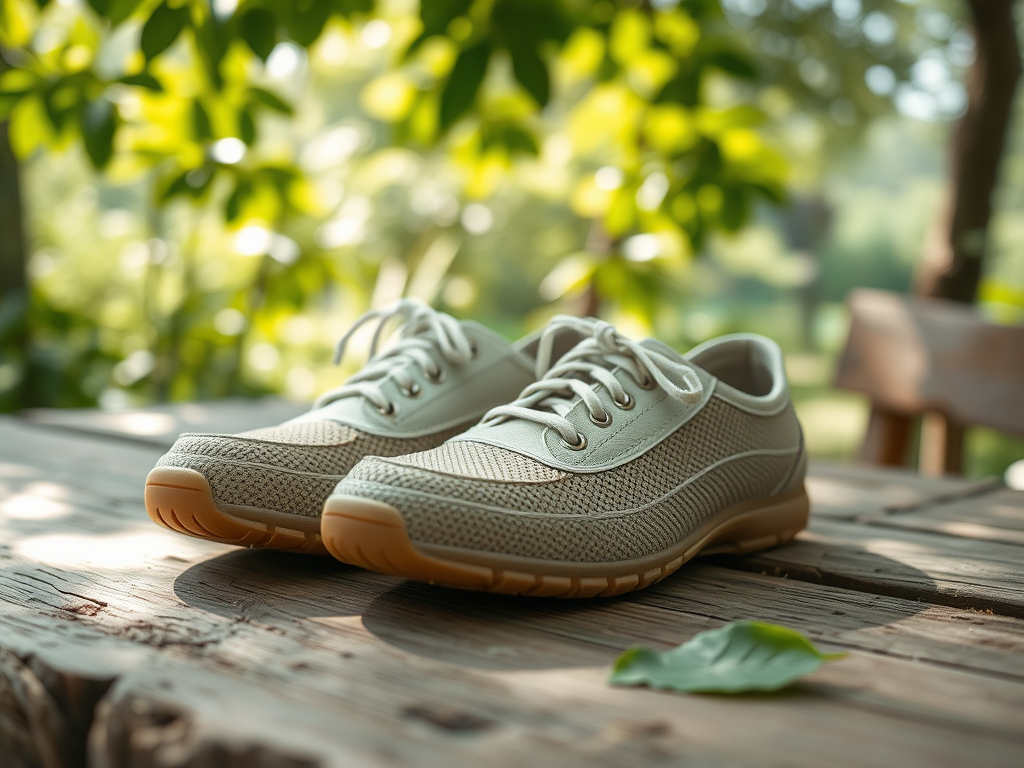 A pair of light-colored mesh shoes resting on a wooden table, surrounded by greenery.