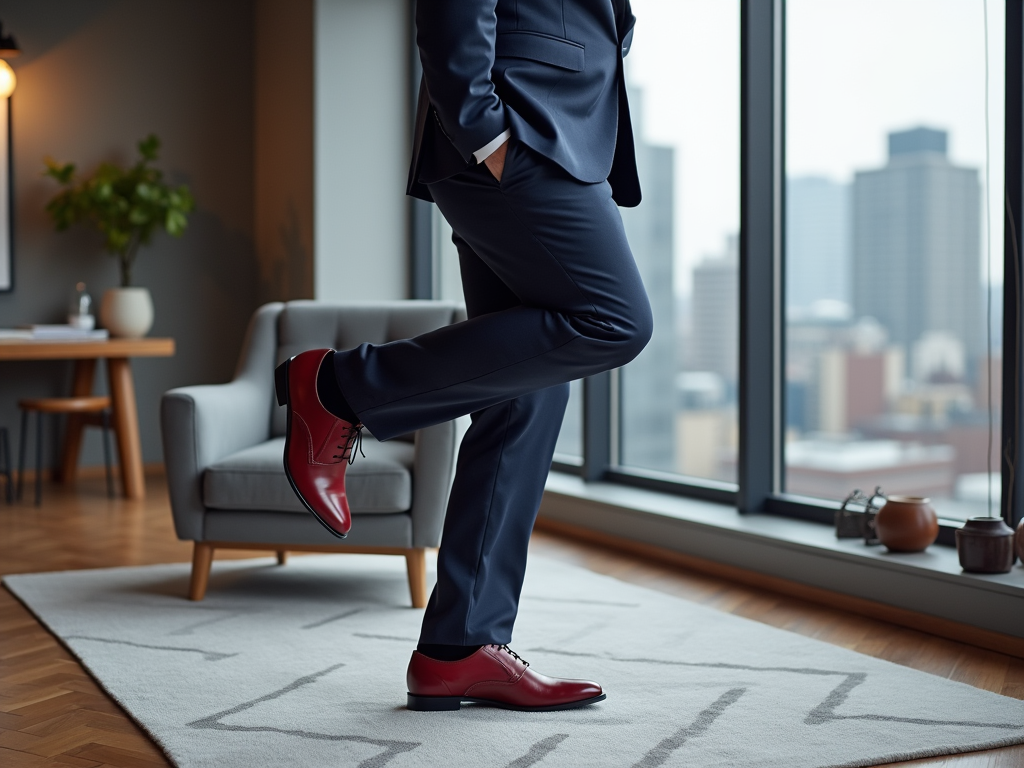 Businessman in a suit showcasing red shoes in a modern office with city view.