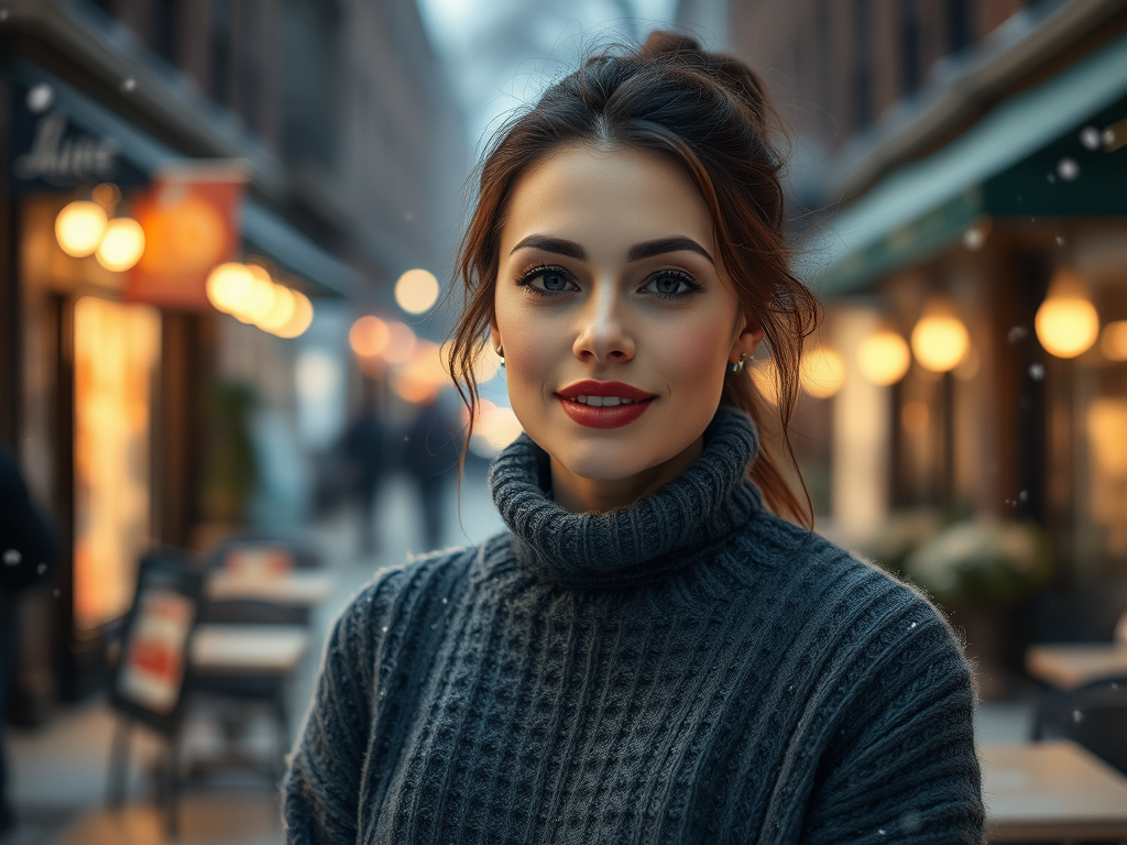 A woman in a cozy gray sweater smiles warmly in a busy street adorned with soft lights and falling snow.