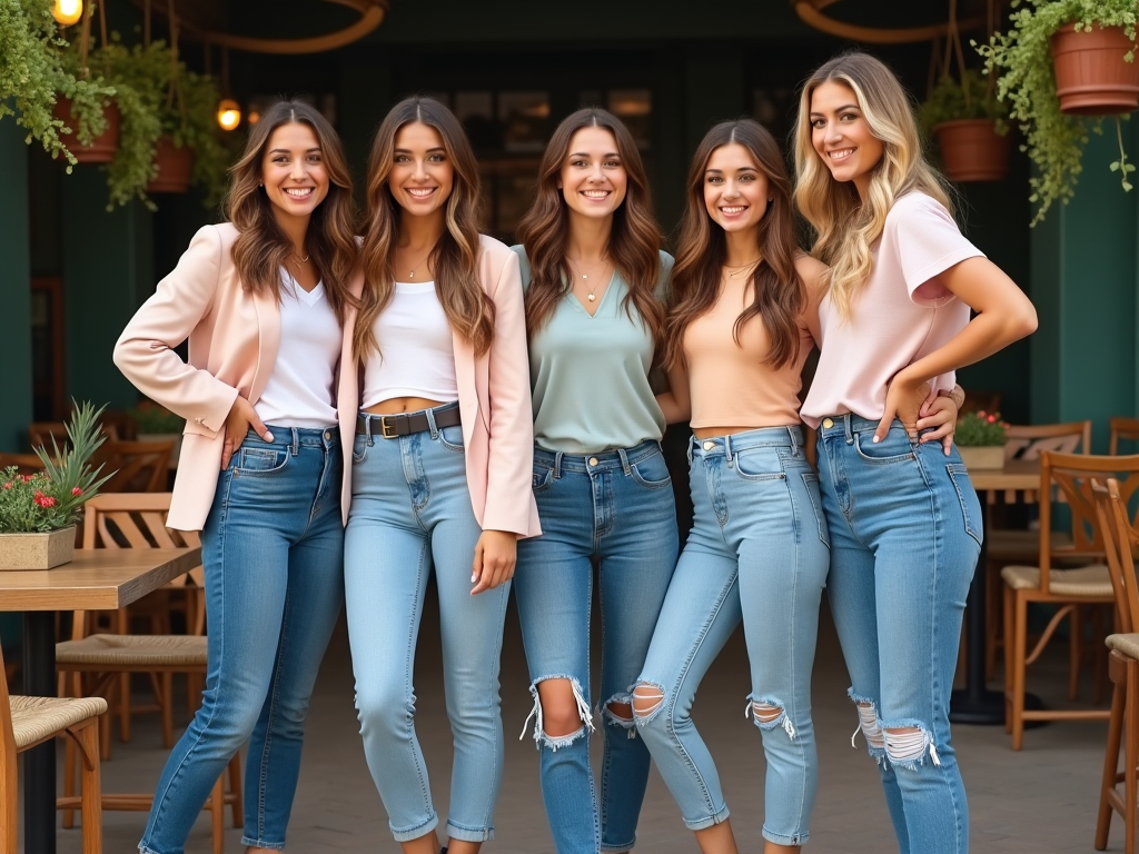 Five women smiling together, dressed in casual pastel tops and jeans, posing in a cafe setting.