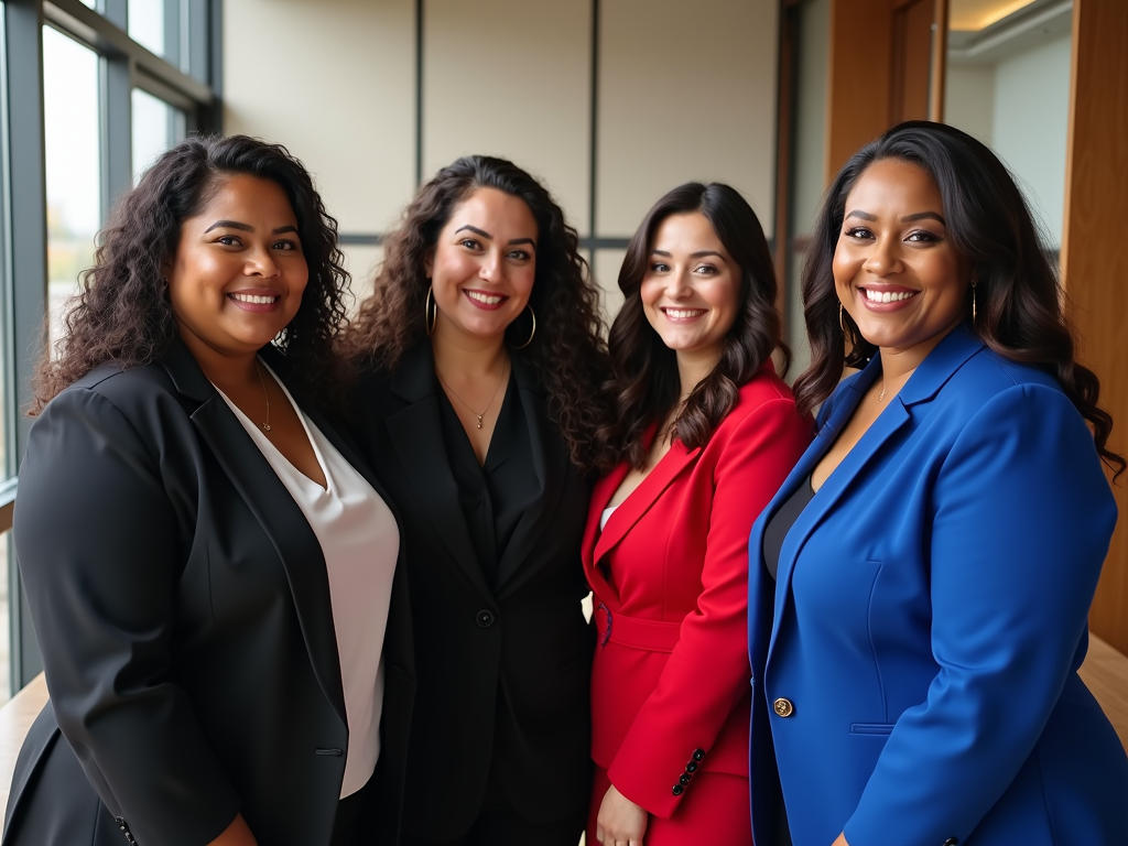 Four smiling professional women in business attire standing together, three in black and one in blue.