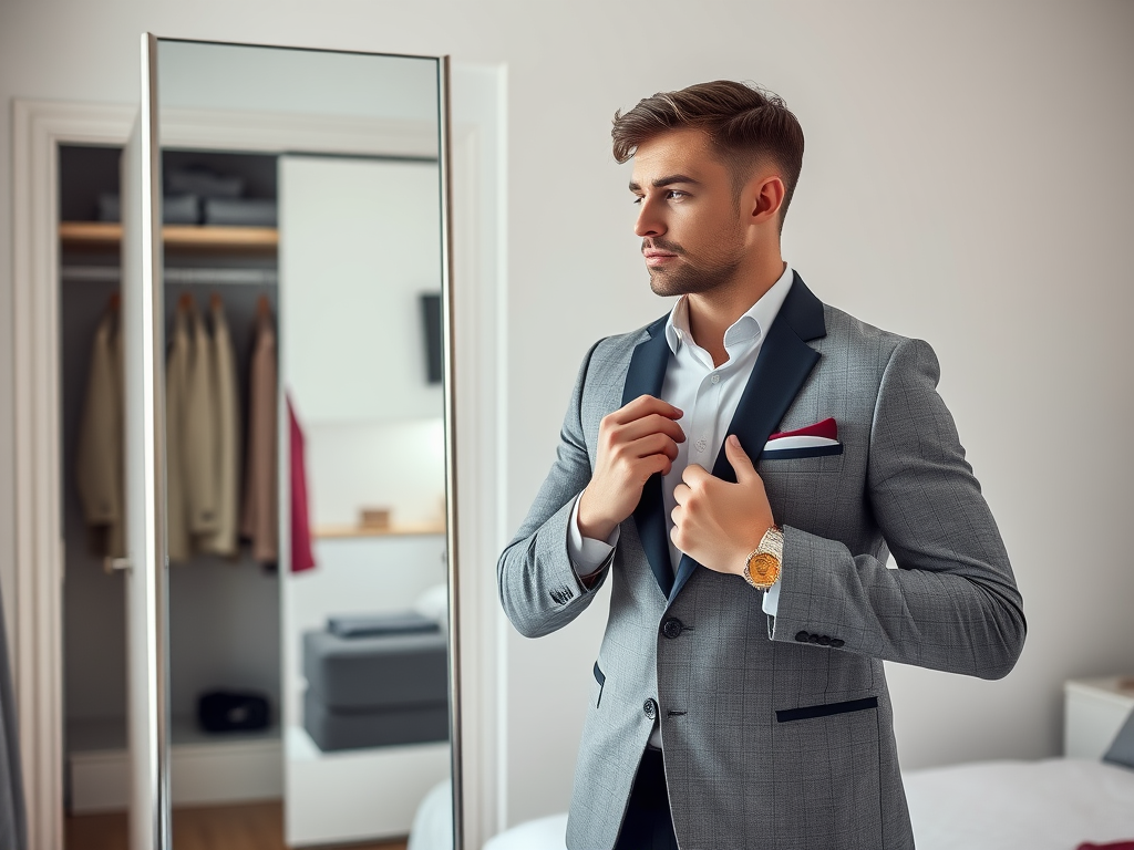 A well-dressed man in a grey suit adjusts his outfit while looking in a mirror, exuding confidence and style.