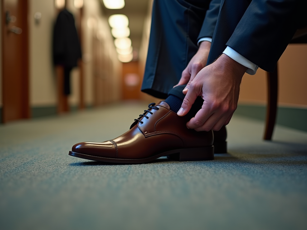 Man in a suit tying his brown leather shoe in a carpeted hallway.